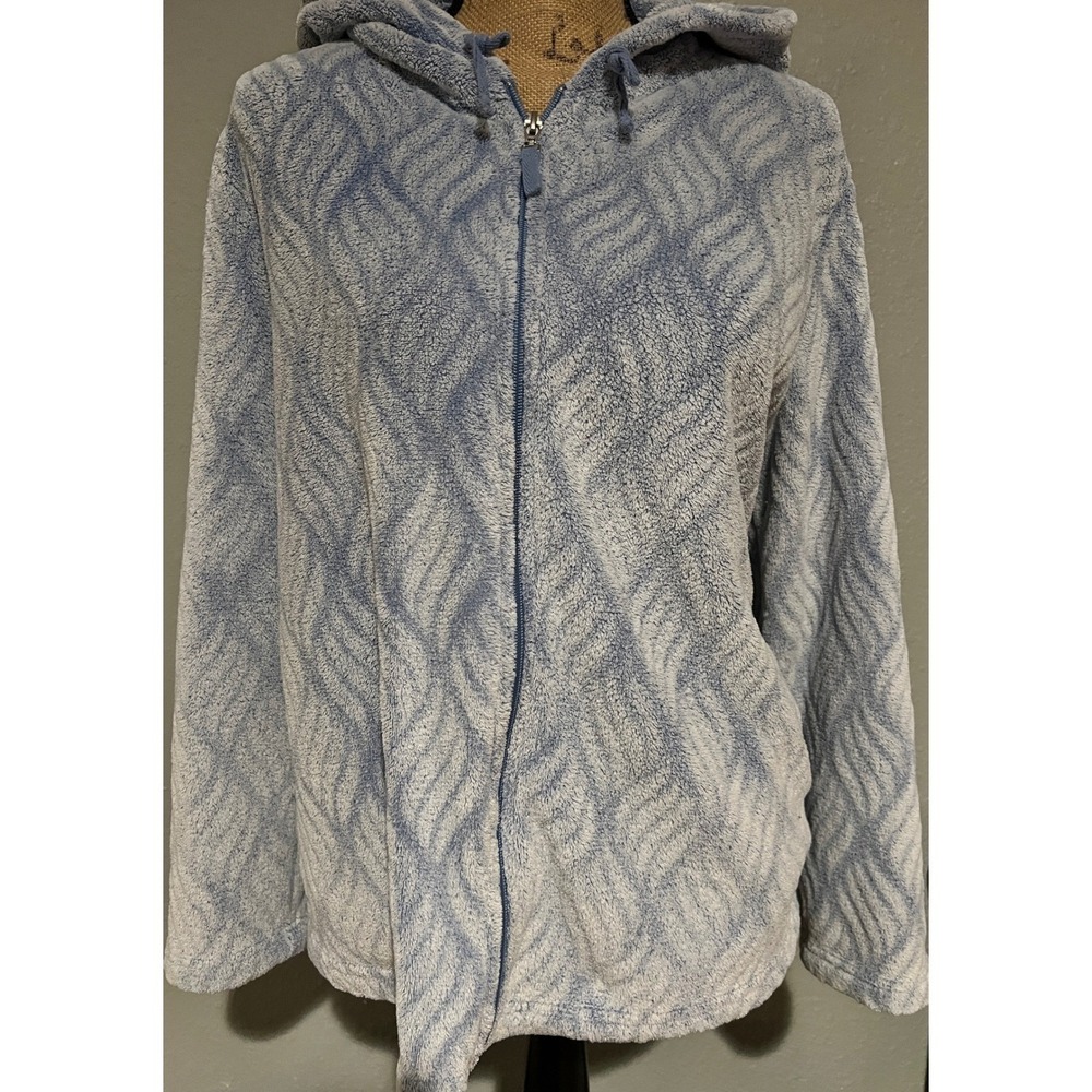 Stan Herman Fleece Hoodie Women XL Blue Excellent Full Zip Plush Embossed Jacket